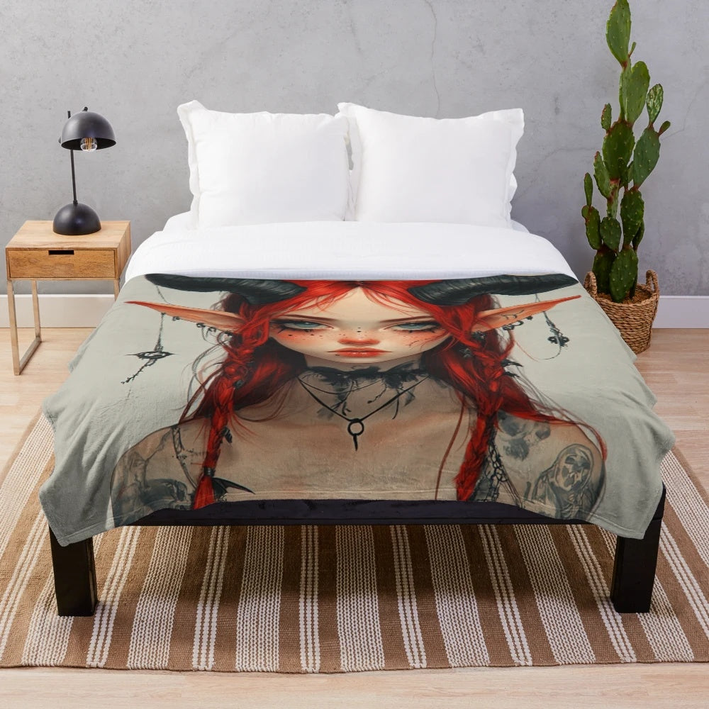 Cozy plush blanket featuring a captivating demon girl in a gothic anime style