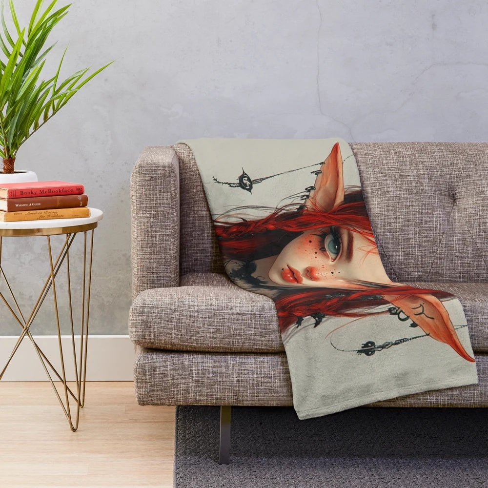 Cozy plush blanket featuring a captivating demon girl in a gothic anime style