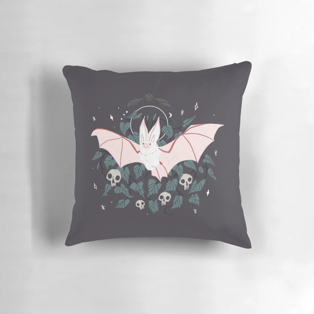Cozy pillow featuring a detailed illustration of a desert long eared bat against a starry night sky