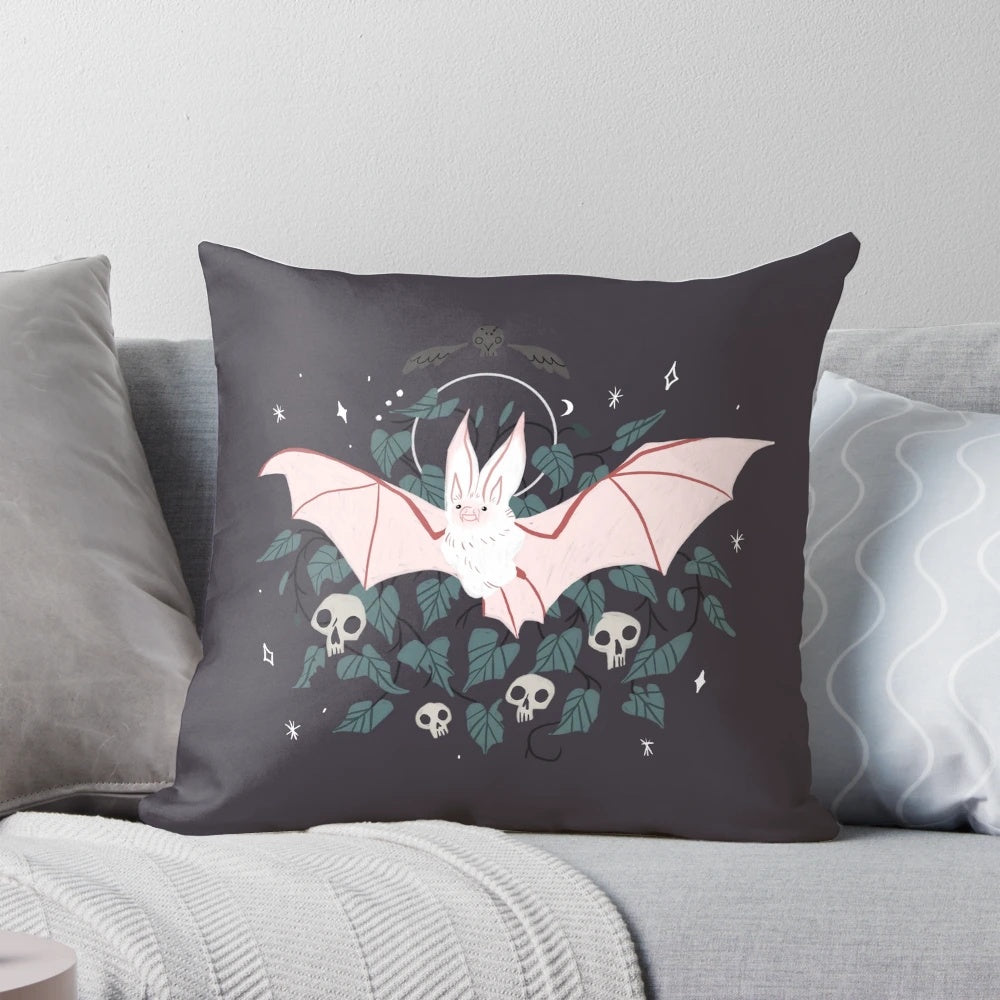 Cozy pillow featuring a detailed illustration of a desert long eared bat against a starry night sky