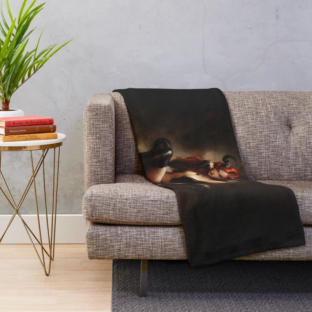 Enchanting devil girl plush blanket featuring dark, gothic design