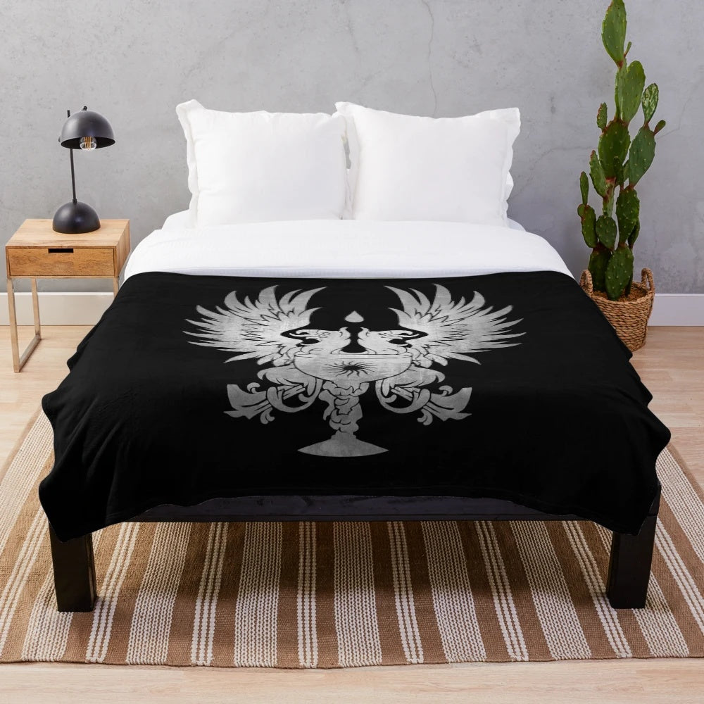 Dragon Age-inspired plush blanket featuring the Grey Warden emblem