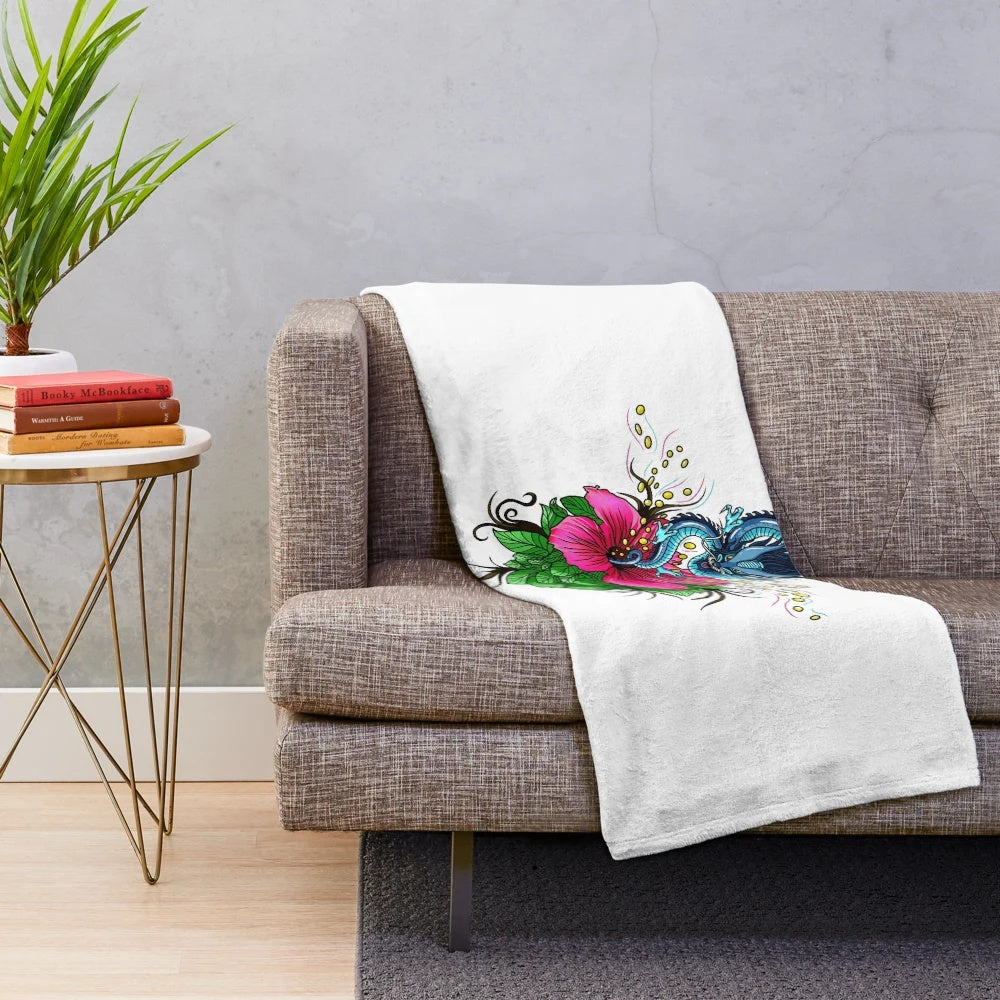Dragon and hibiscus floral plush blanket