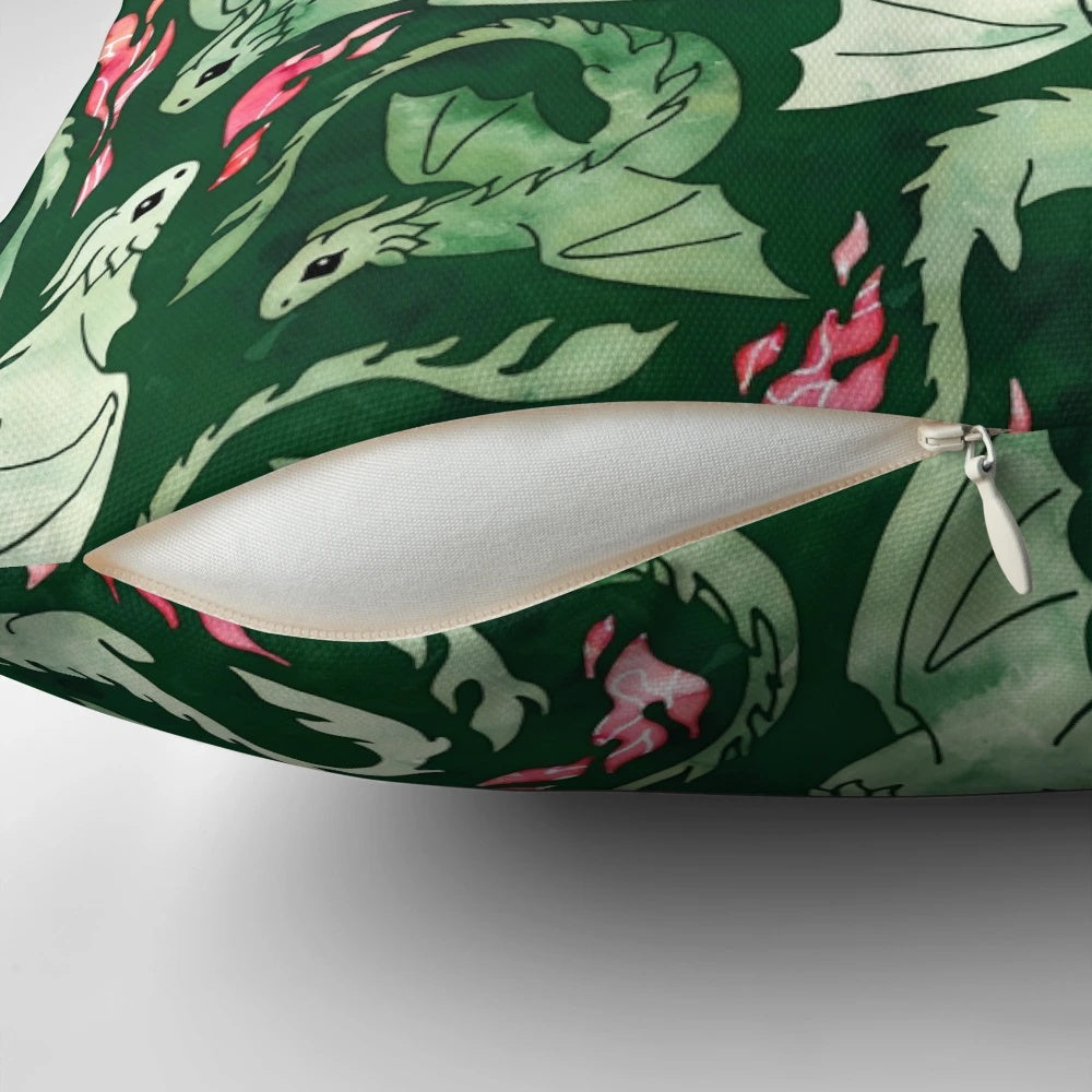 A beautifully designed dragon fire dark green pillow featuring a watercolor-inspired design of a fire-breathing dragon in shades of green, blue, and scarlet.