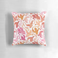 Whimsical watercolor-style dragon pillow with fiery pink and orange colors, perfect for adding a touch of magic to your home decor.