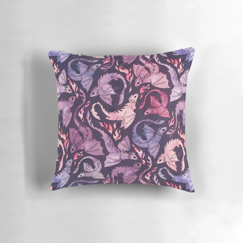 Whimsical dragon fire pillow in dark pink and purple hues, featuring a seamless watercolor design.