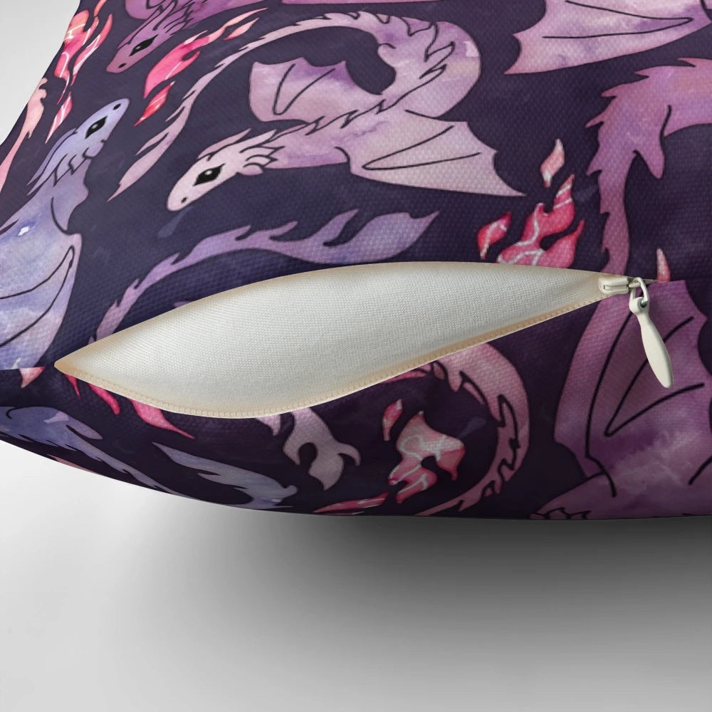 Whimsical dragon fire pillow in dark pink and purple hues, featuring a seamless watercolor design.
