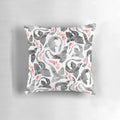 Artistic illustration of a dragon breathing fire in shades of grey and black on a Pillow product.