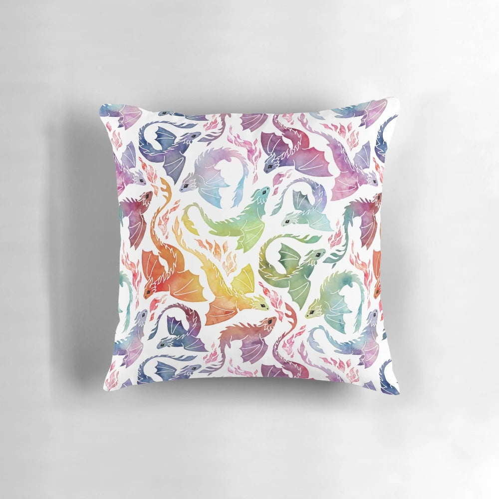 Vibrant dragon fire rainbow pillow with a seamless watercolor design, perfect for adding magical fantasy flair to your home decor.