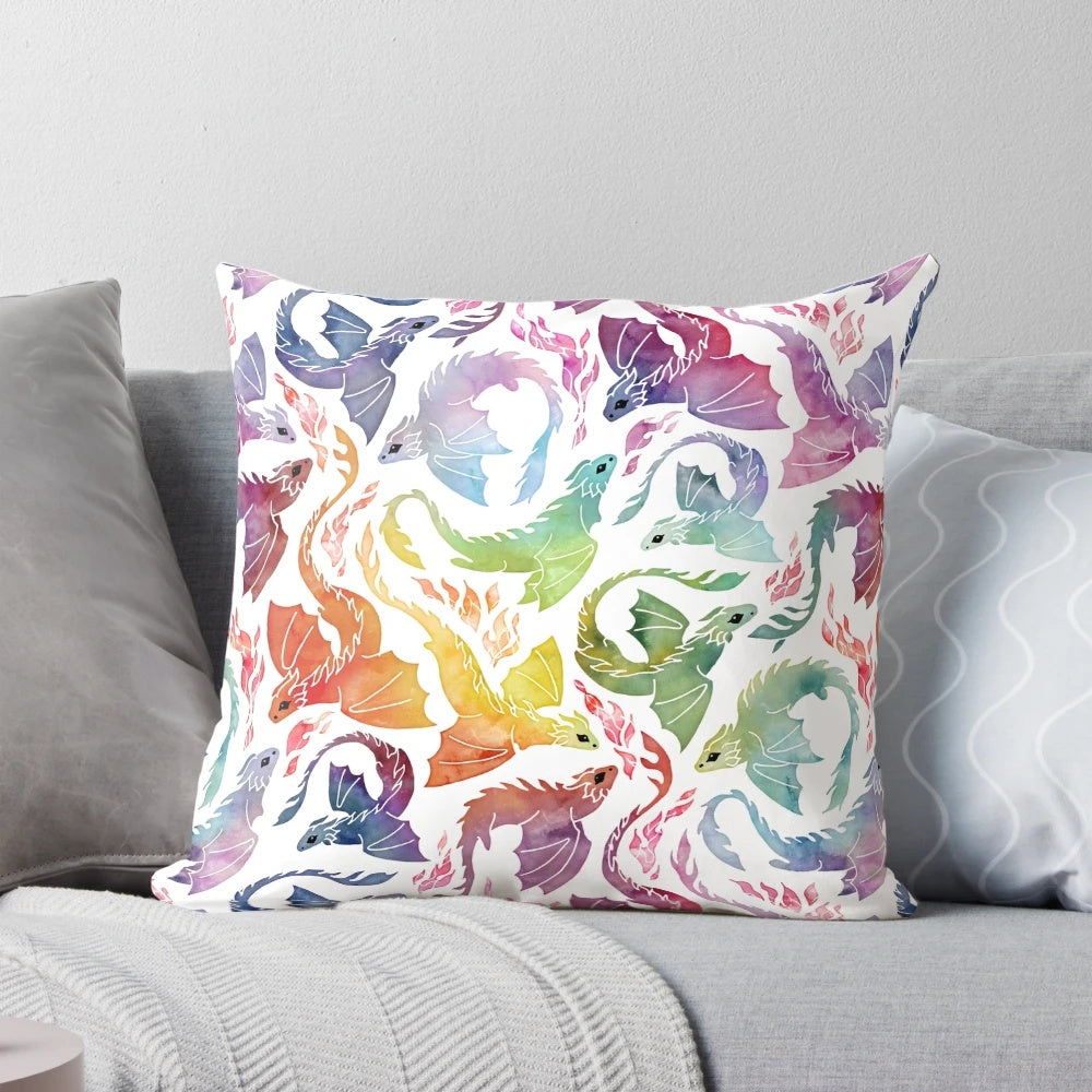 Vibrant dragon fire rainbow pillow with a seamless watercolor design, perfect for adding magical fantasy flair to your home decor.