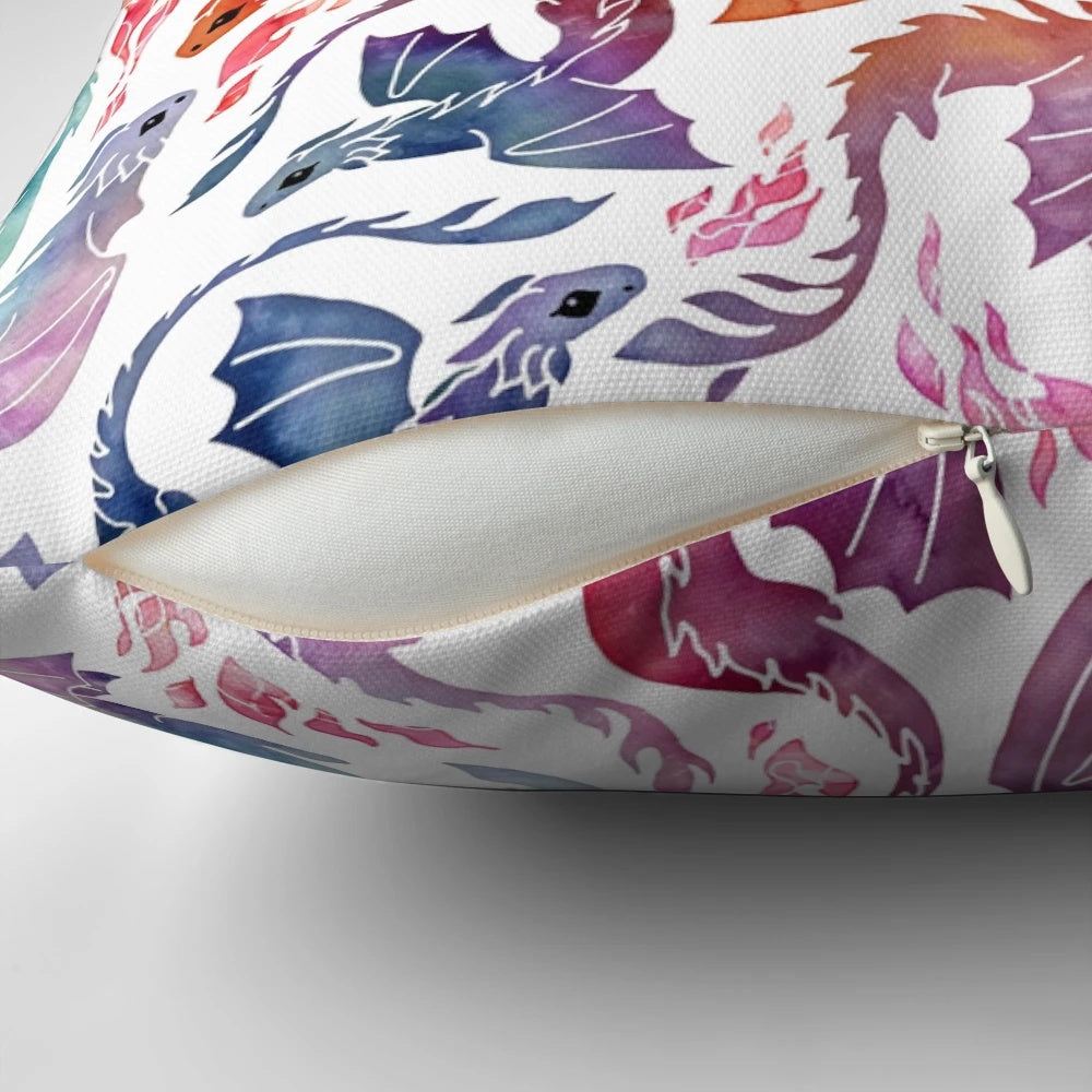 Vibrant dragon fire rainbow pillow with a seamless watercolor design, perfect for adding magical fantasy flair to your home decor.