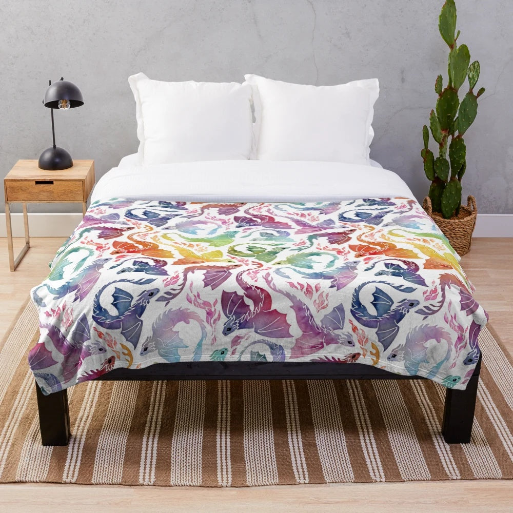 Vibrant dragon fire rainbow plush blanket
