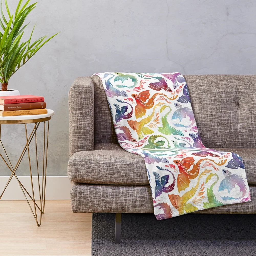 Vibrant dragon fire rainbow plush blanket
