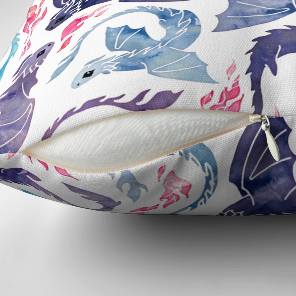A stunning Pillow featuring a magical dragon with fire breathing and turquoise and purple watercolor design
