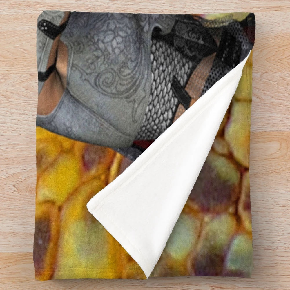 Colorful dragon-themed plush blanket with abstract, textured patterns