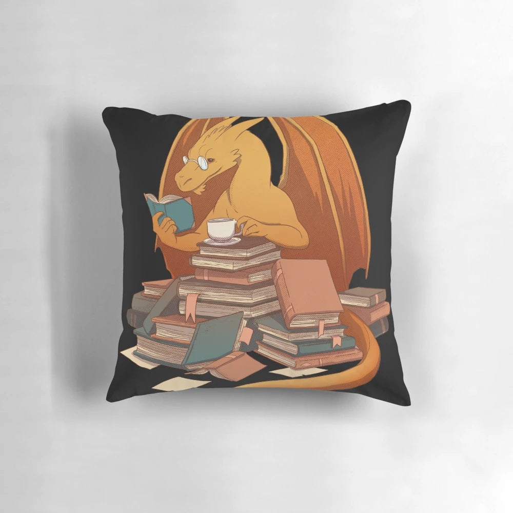 A decorative pillow featuring a dragon curled around a stack of books, perfect for book lovers and fantasy enthusiasts.