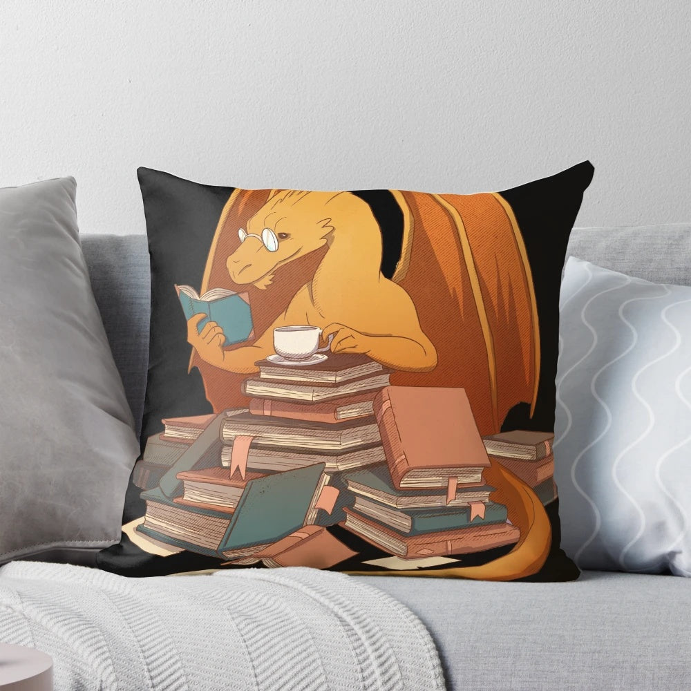 A decorative pillow featuring a dragon curled around a stack of books, perfect for book lovers and fantasy enthusiasts.