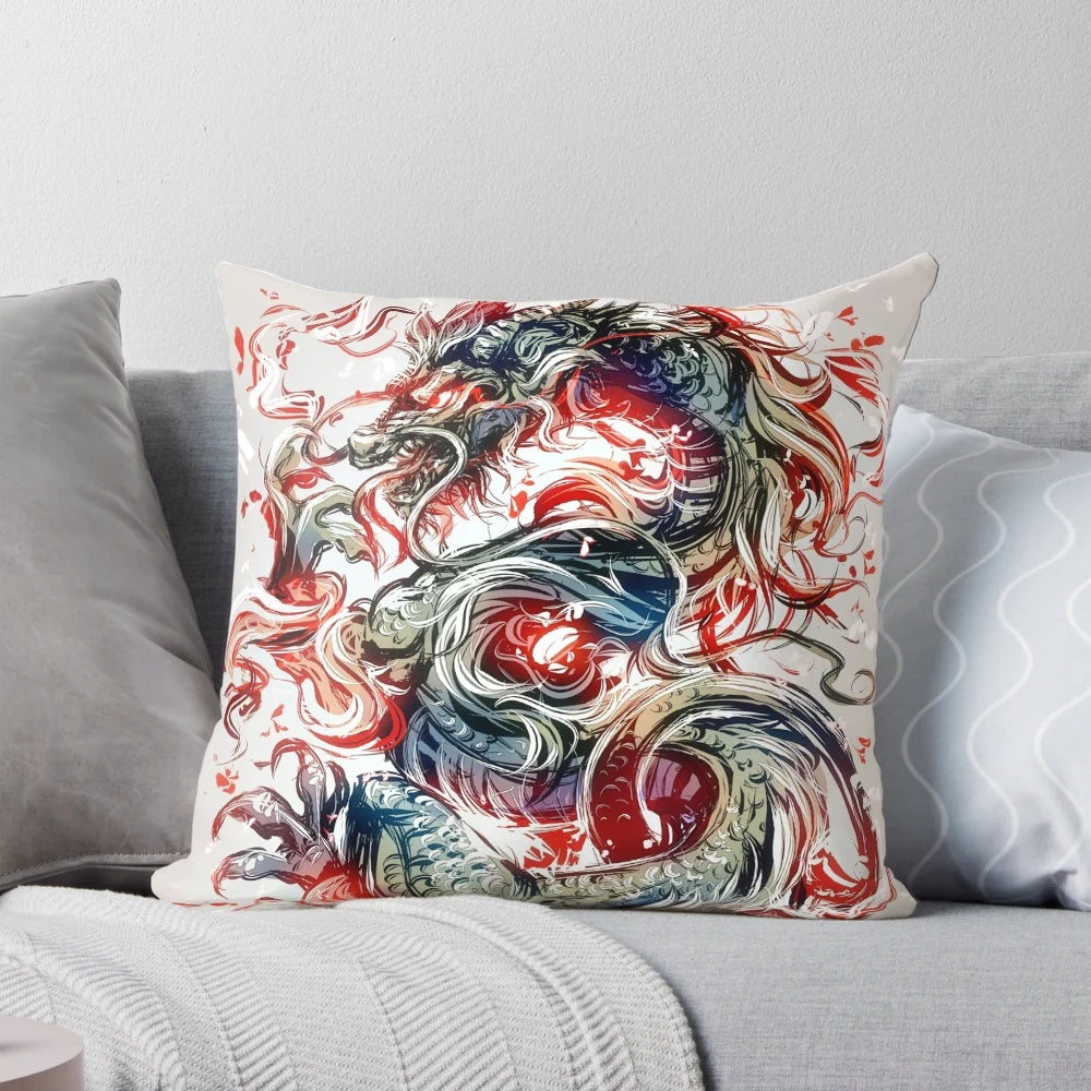 A vibrant, detailed dragon-themed throw pillow for a touch of fantasy and Eastern flair.