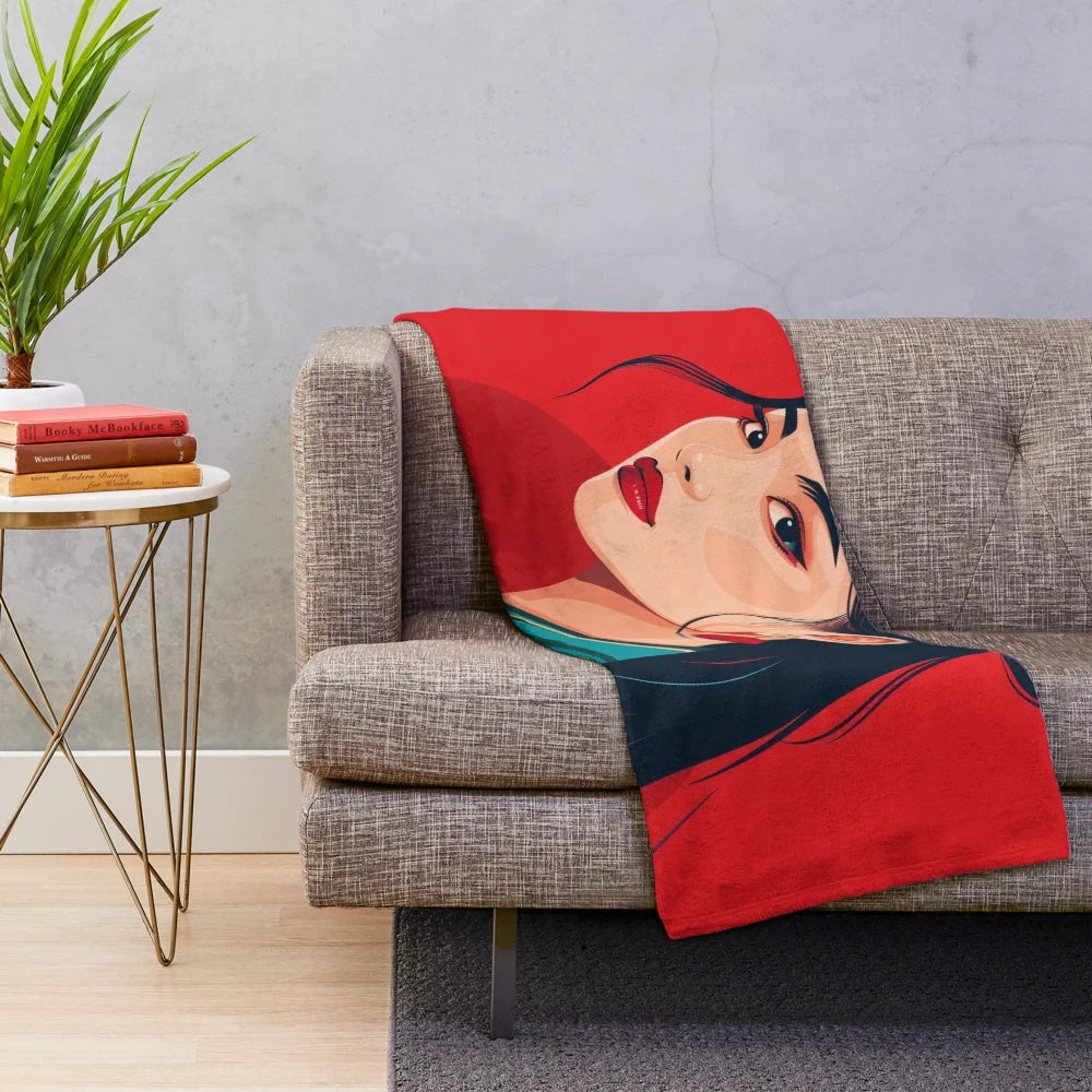Plush blanket featuring a stylized portrait of a woman with a dragon tattoo design