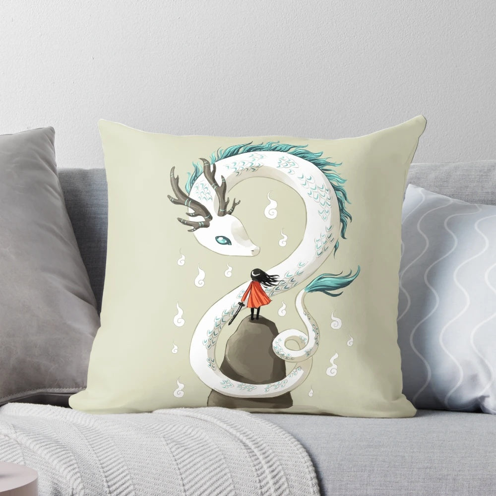 Soft, whimsical pillow featuring a chibi dragon spirit character in an Asian-inspired fantasy style