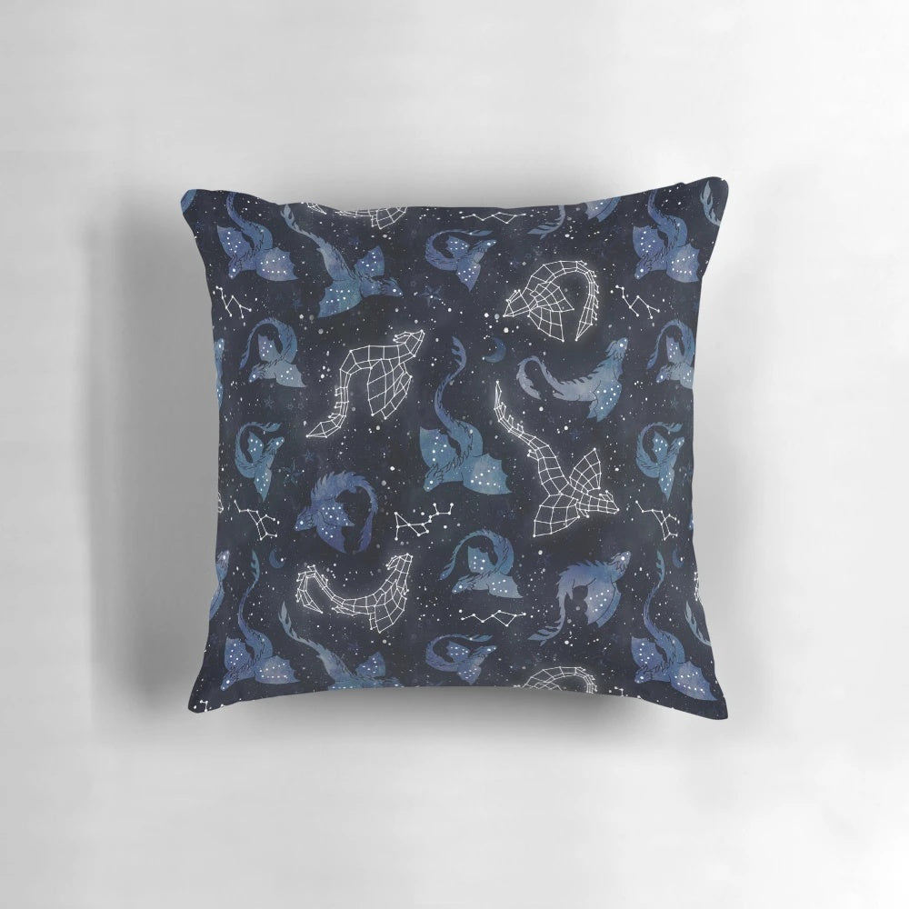 Whimsical watercolor illustration of a dragon silhouette against a night sky filled with star constellations.