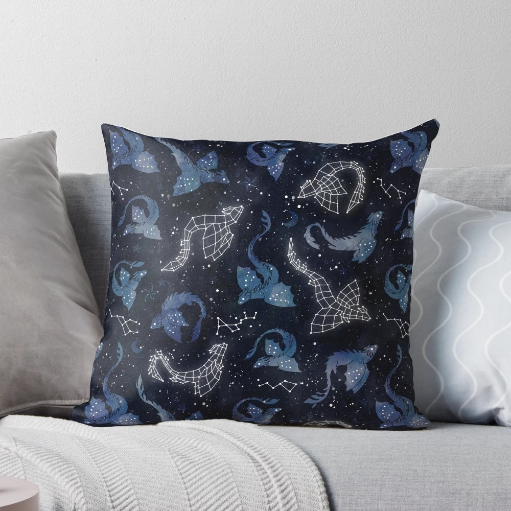 Whimsical watercolor illustration of a dragon silhouette against a night sky filled with star constellations.