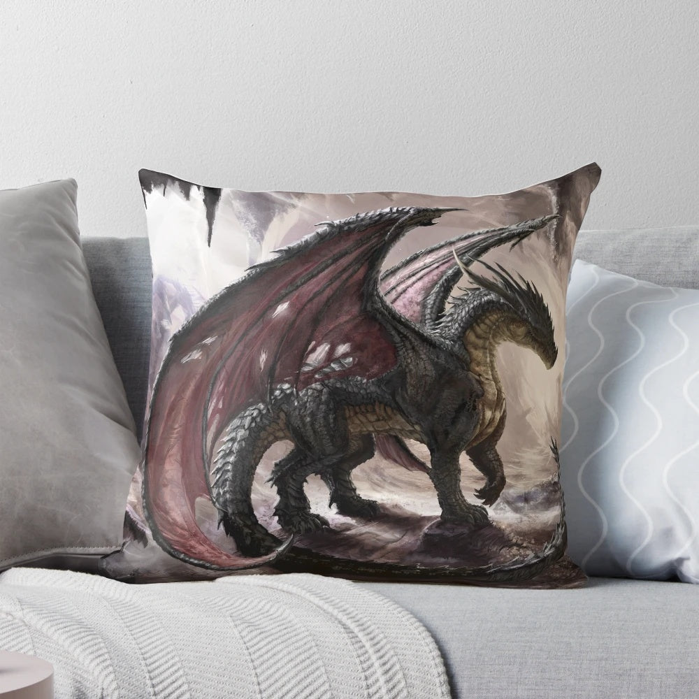 Vibrant dragon-themed pillow in shades of blue, red, and white