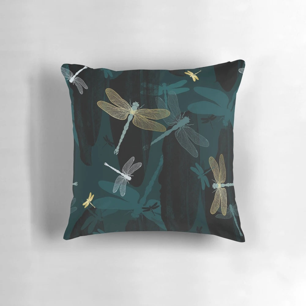 Decorative midnight blue and gold dragonfly pillow