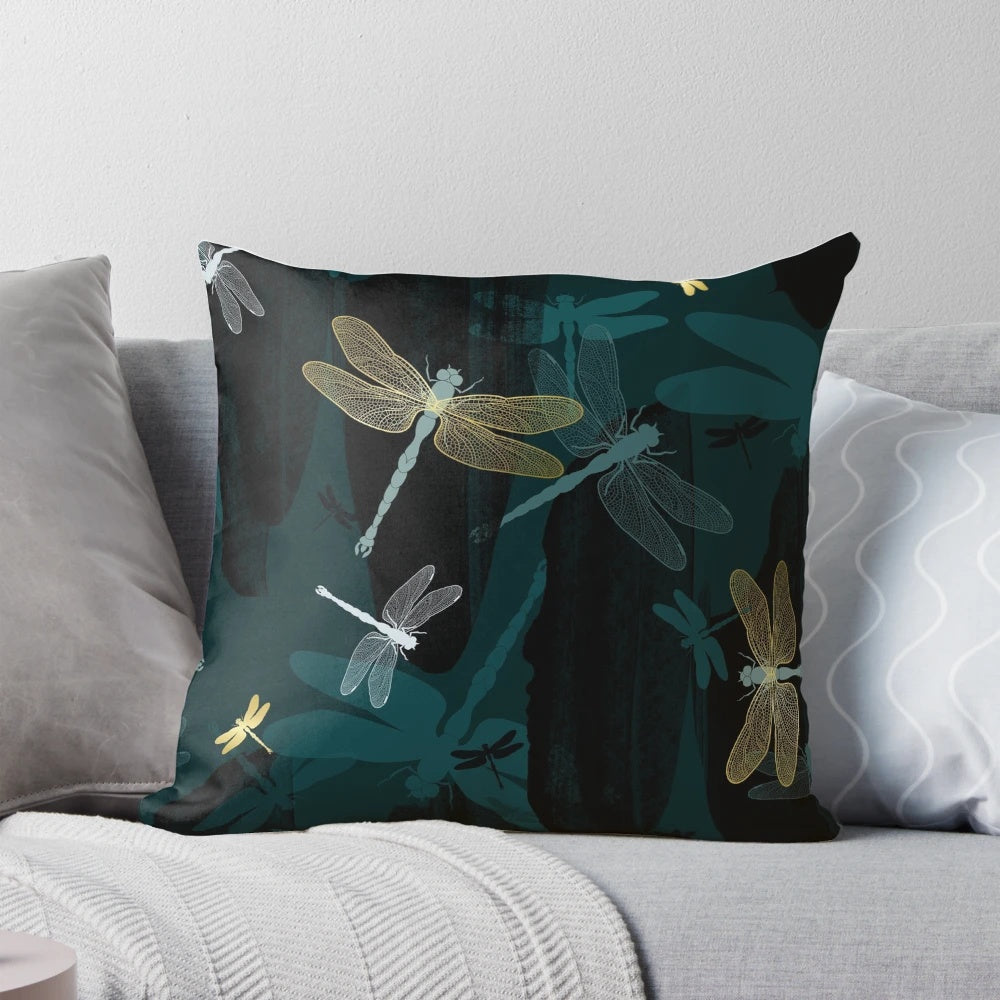 Decorative midnight blue and gold dragonfly pillow