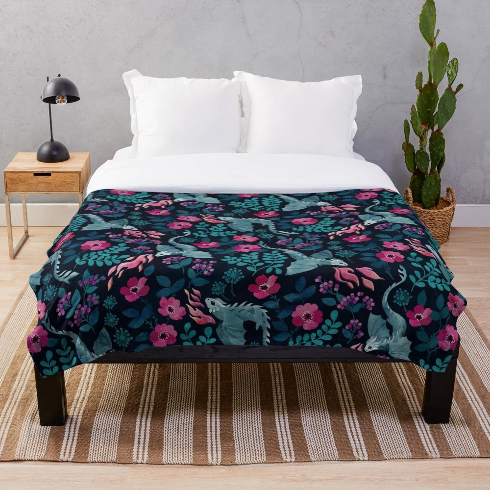 Dragons floral plush blanket in rich jewel tones