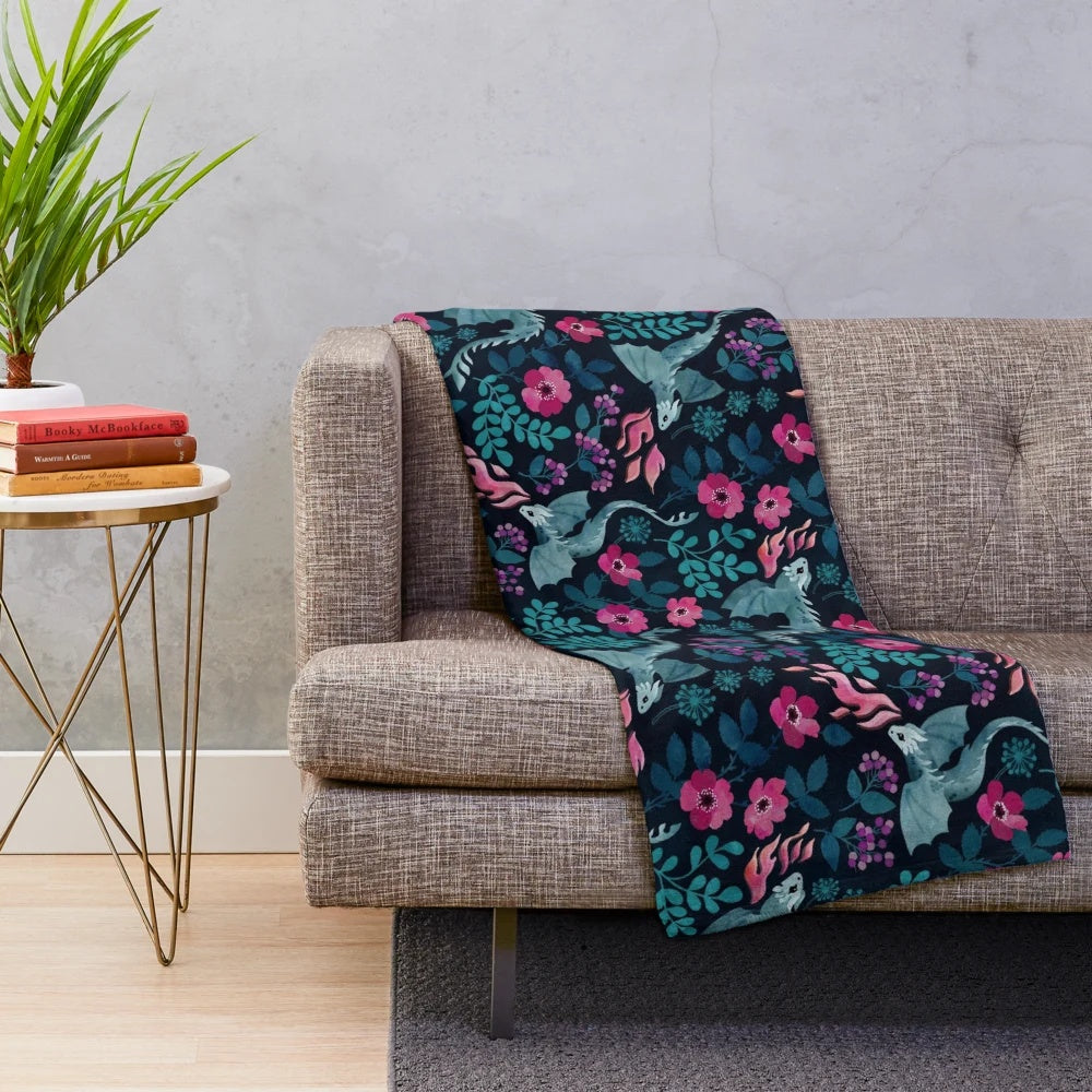 Dragons floral plush blanket in rich jewel tones