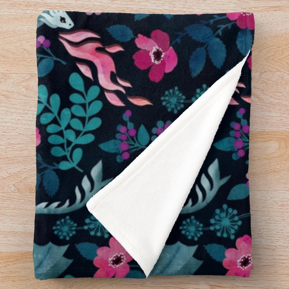 Dragons floral plush blanket in rich jewel tones