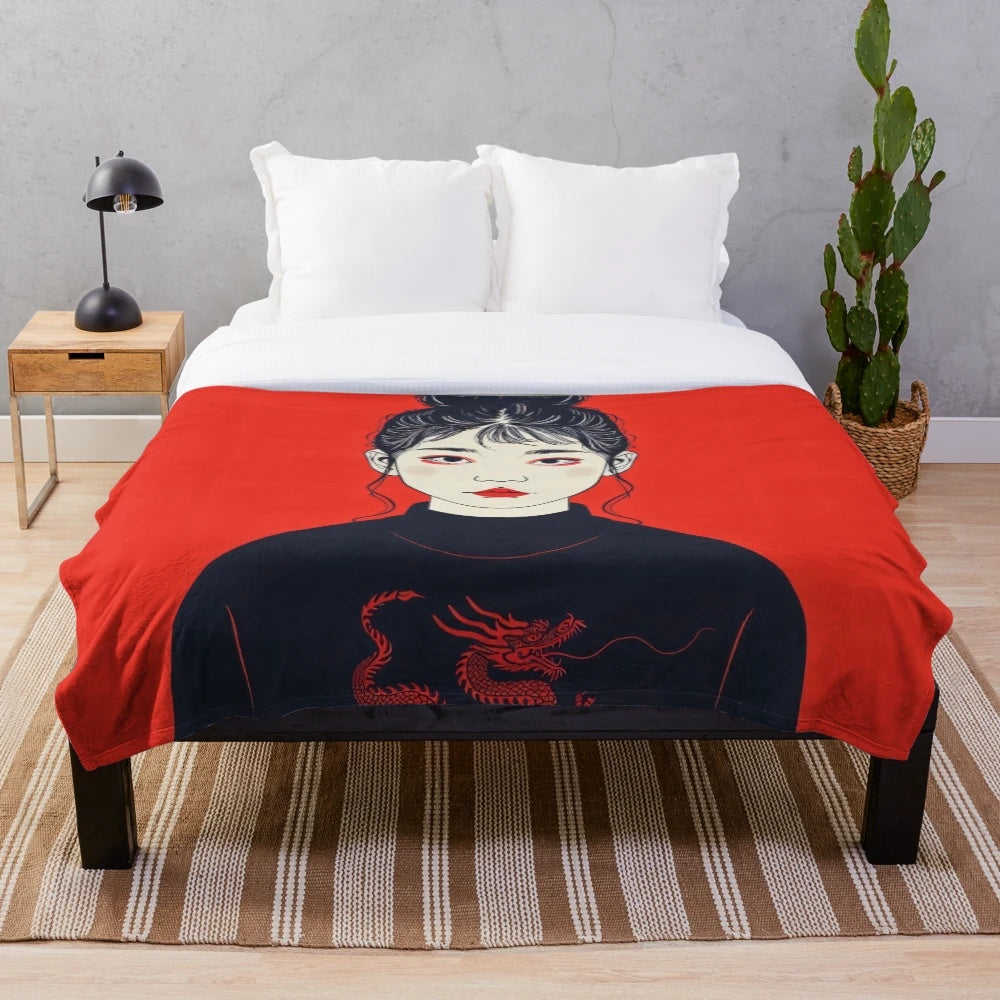 Stylized dragon plush blanket with a modern, intense pop art design
