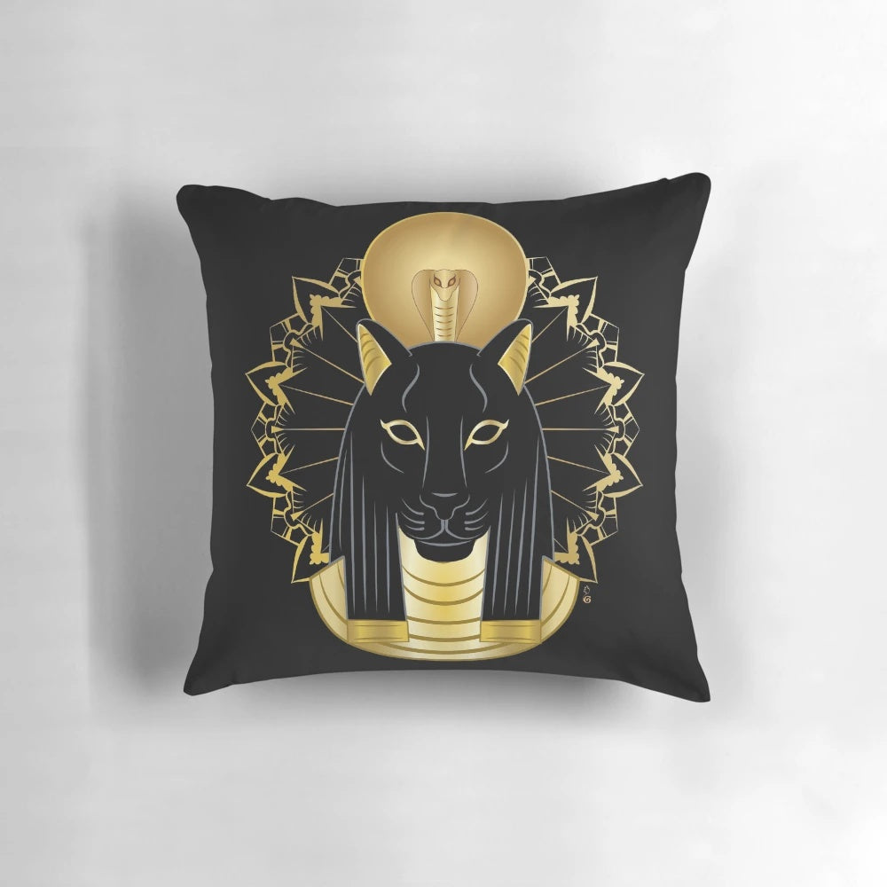 Vibrant pillow featuring the Egyptian goddess Sekhmet, the powerful lioness deity.
