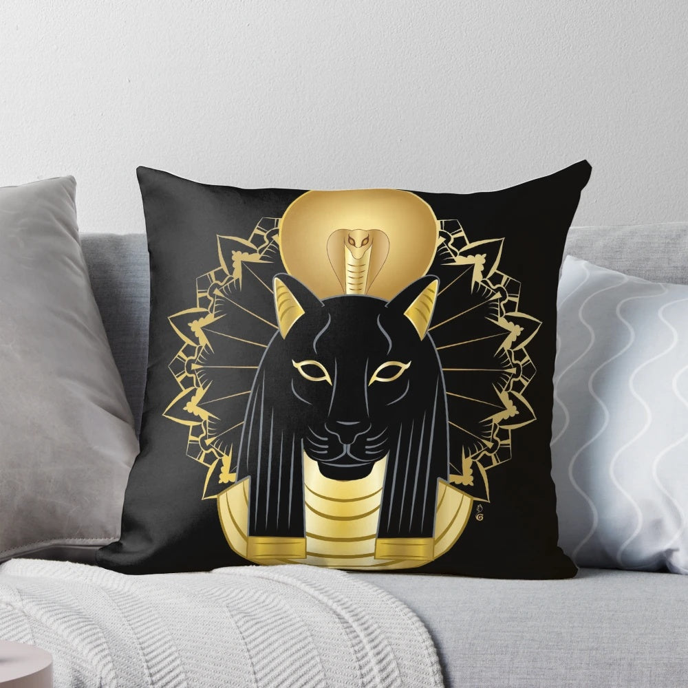 Vibrant pillow featuring the Egyptian goddess Sekhmet, the powerful lioness deity.