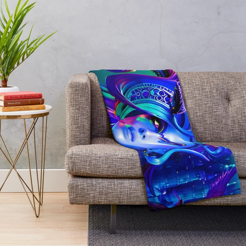 Colorful Egyptian-themed plush blanket with floral and abstract patterns