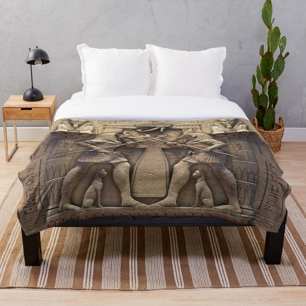 Egyptian gods plush blanket featuring Anubis, Horus, and other deities