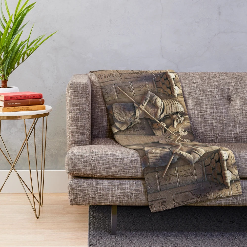 Egyptian gods plush blanket featuring Anubis, Horus, and other deities