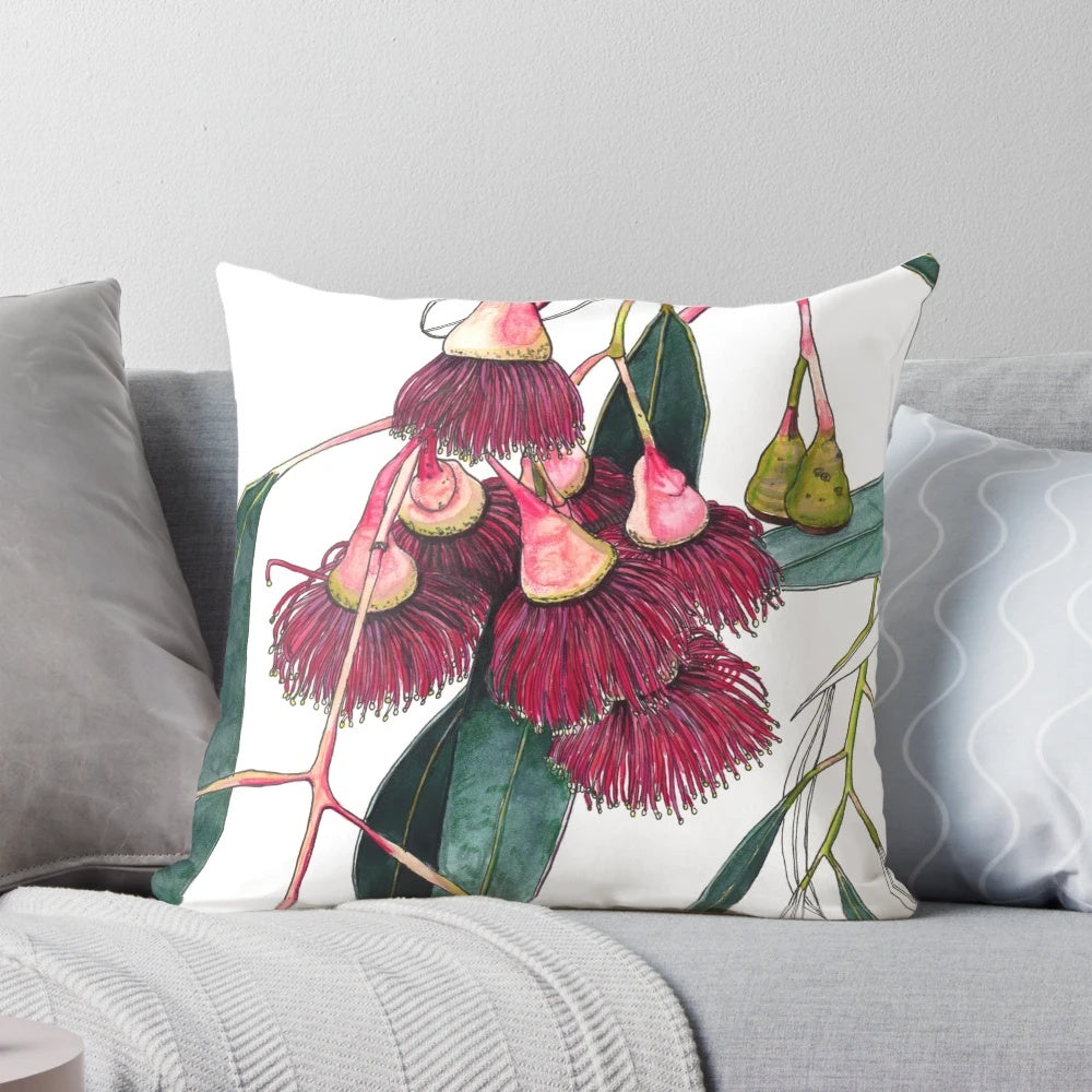Soft, pink pillow featuring the delicate gum blossom of the eucalyptus plant, a native Australian flora.
