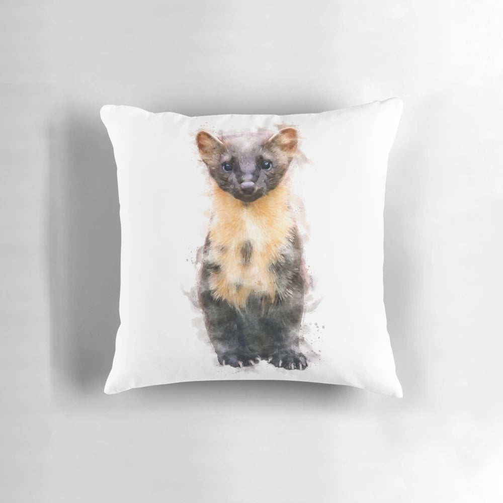 A beautiful watercolor painting of a European pine marten, a captivating wildlife species, printed on a high-quality throw pillow.