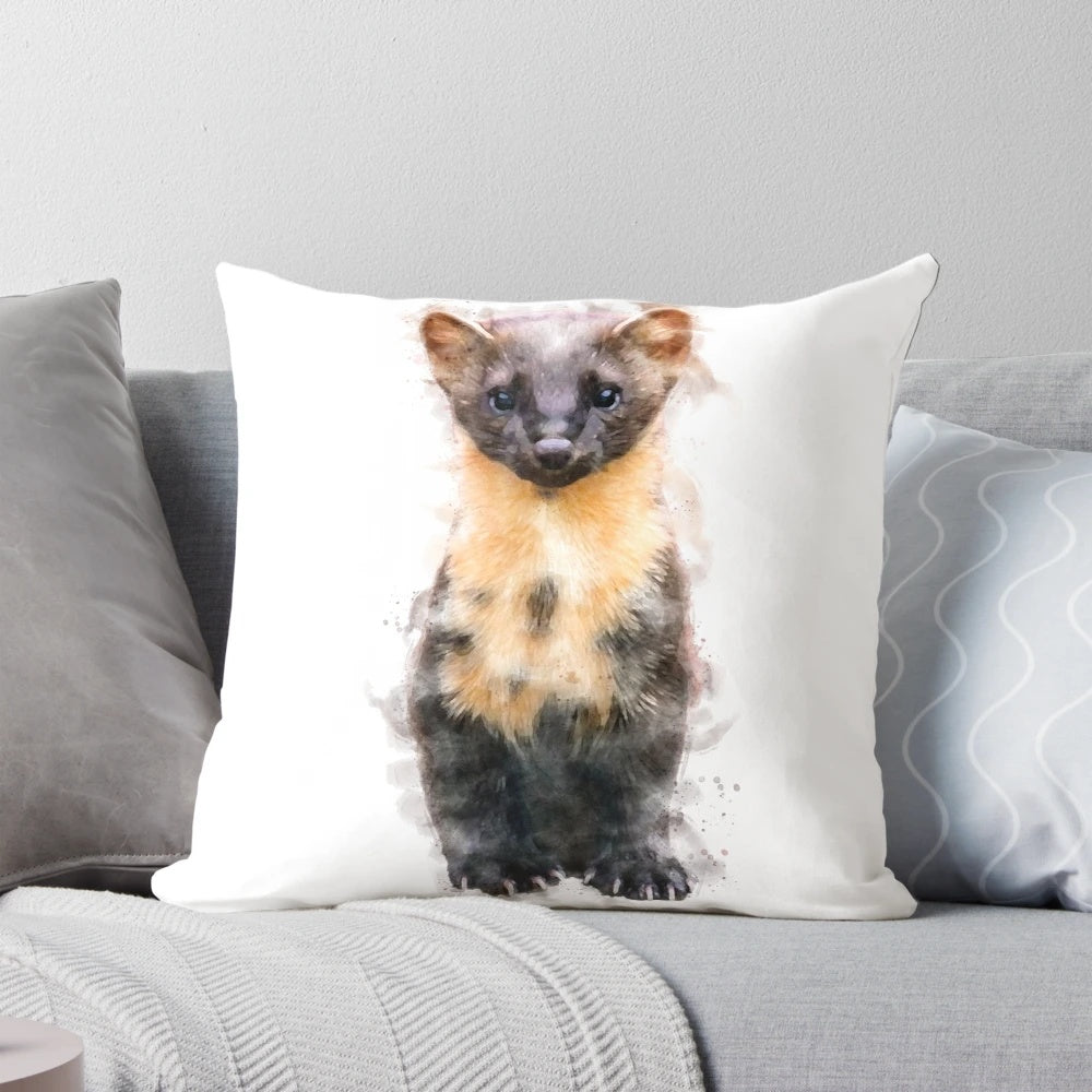 A beautiful watercolor painting of a European pine marten, a captivating wildlife species, printed on a high-quality throw pillow.
