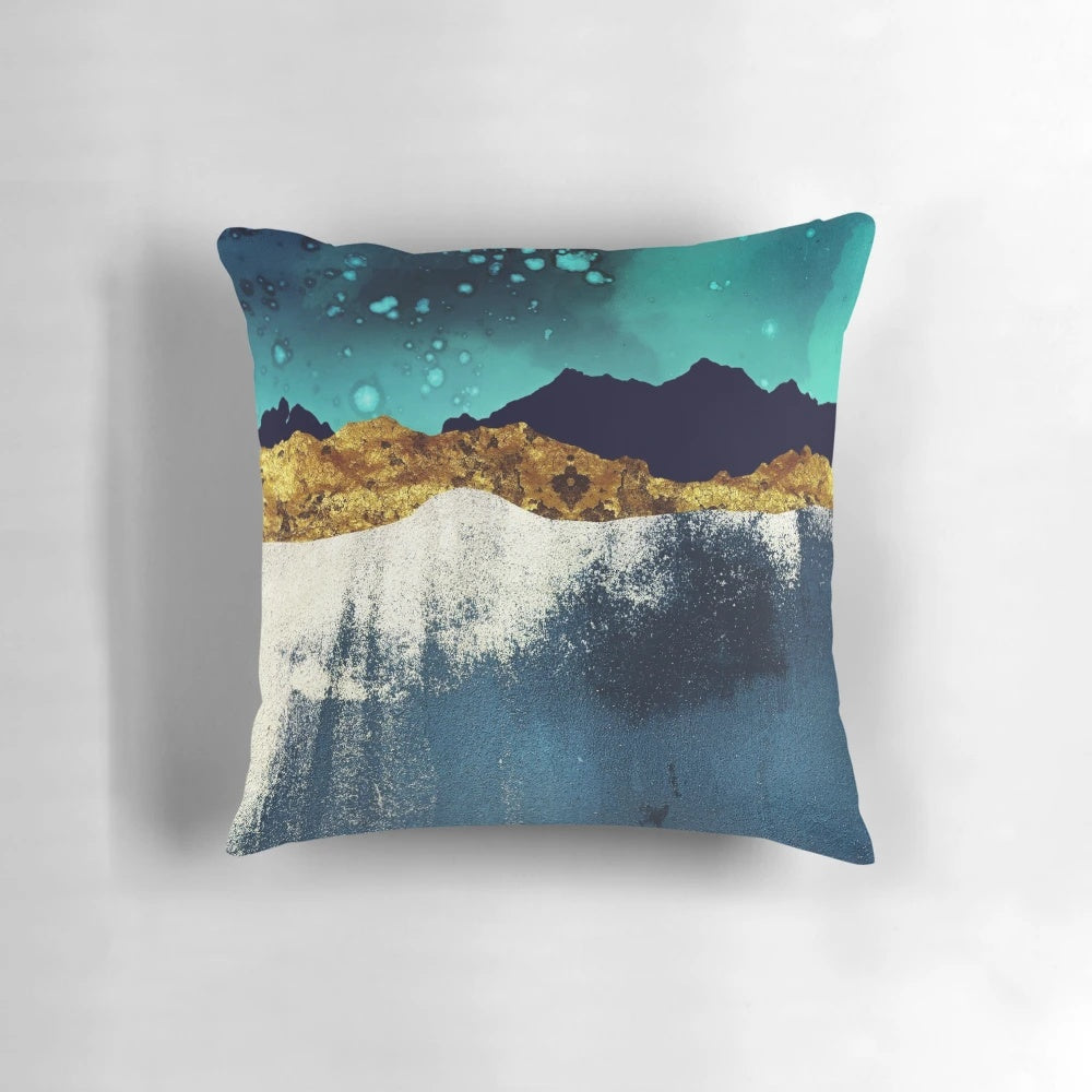 Stunning abstract landscape pillow featuring a night sky with shimmering stars over mountains