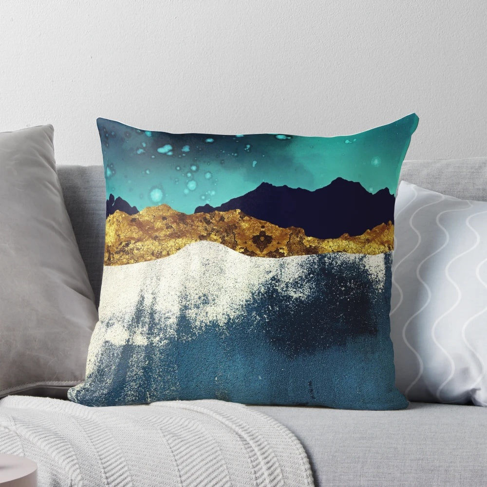Stunning abstract landscape pillow featuring a night sky with shimmering stars over mountains