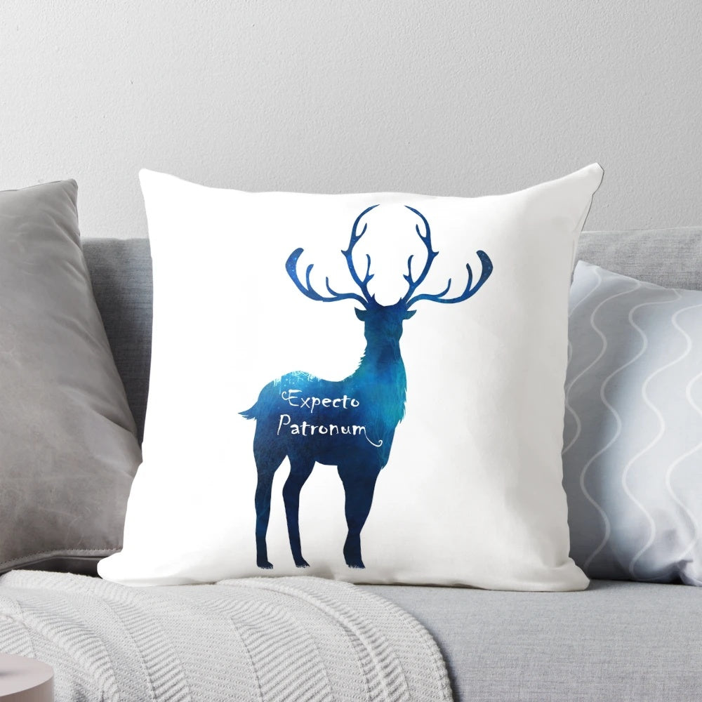 Cozy blue and wood-toned pillow featuring a magical deer design, inspired by the Expecto Patronum spell from the Harry Potter movies.