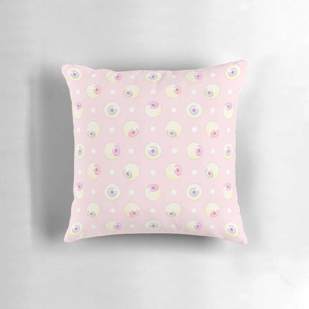 Soft, plush "Eye Candy" pillow in gothic, horror-inspired design with candy-colored eyeballs