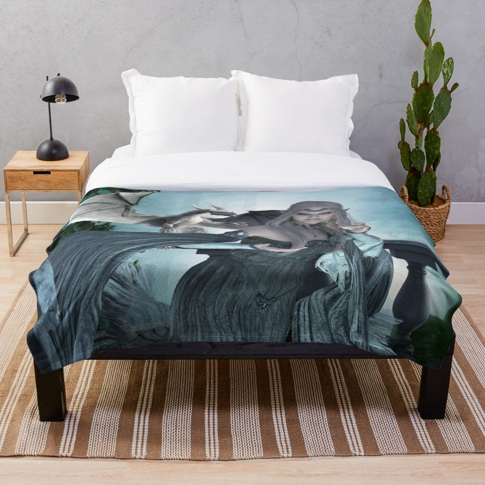 Fairy and dragon plush blanket with whimsical design for cozy, fantasy-inspired home decor