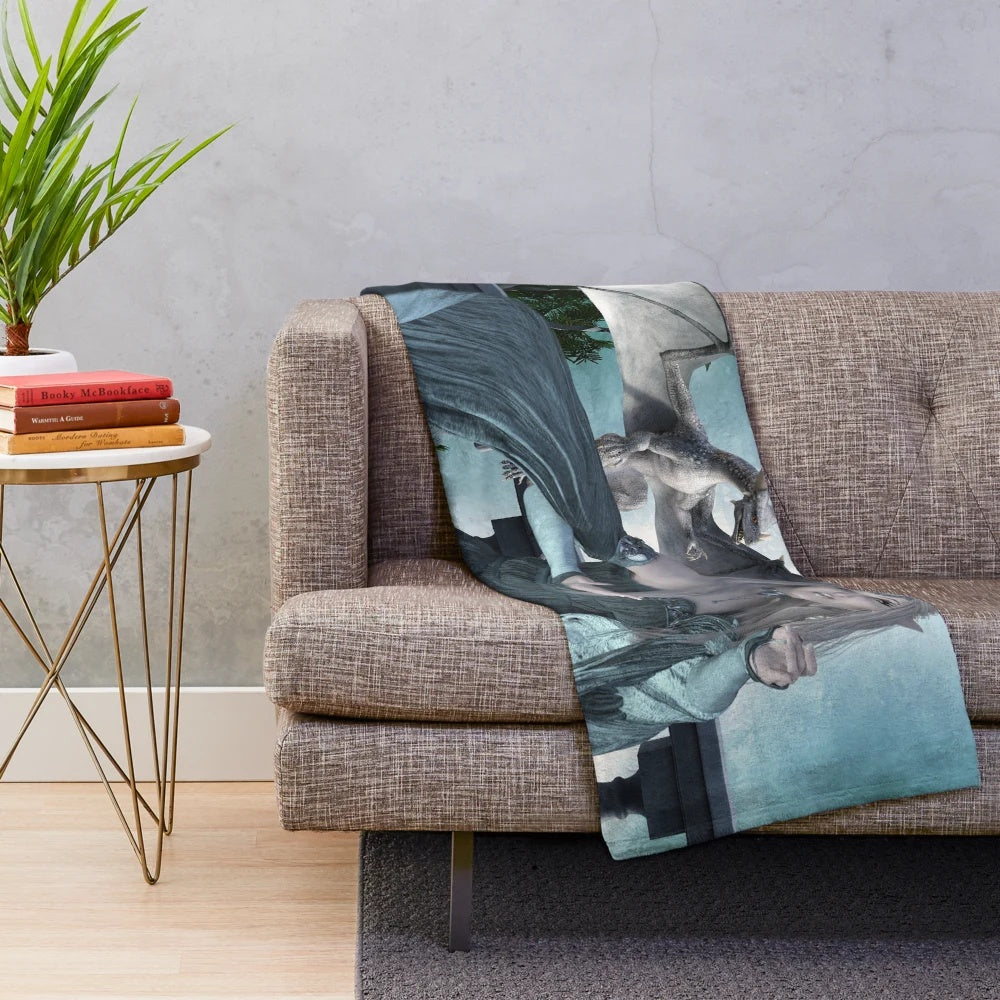 Fairy and dragon plush blanket with whimsical design for cozy, fantasy-inspired home decor