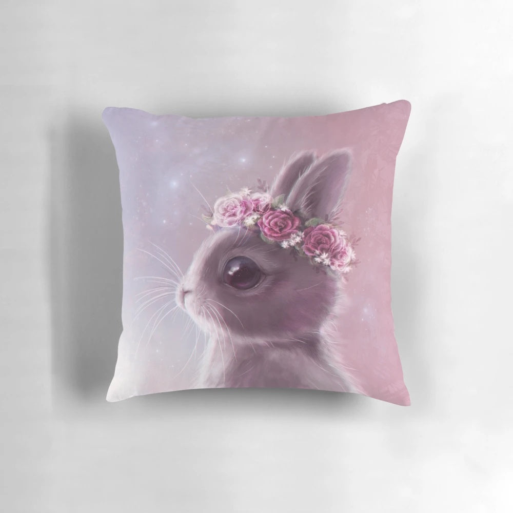 Soft, plush fairy bunny pillow with a flower crown and pastel colors