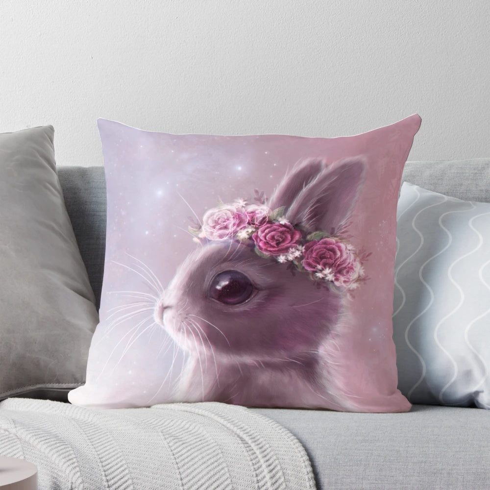 Soft, plush fairy bunny pillow with a flower crown and pastel colors