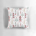 A cozy pillow featuring a whimsical forest scene with spruce trees, a Christmas tree, and a festive red and white palette, perfect for the holiday season.